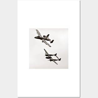 Warthog and Lighting Sepia In Flight Military Aviation Posters and Art
